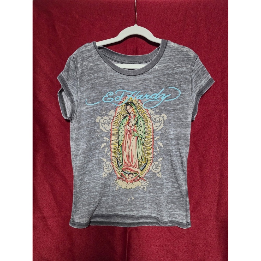 Ed Hardy Gray Virgin Mary Religious Graphic Embroidered Crew Neck Tee size M